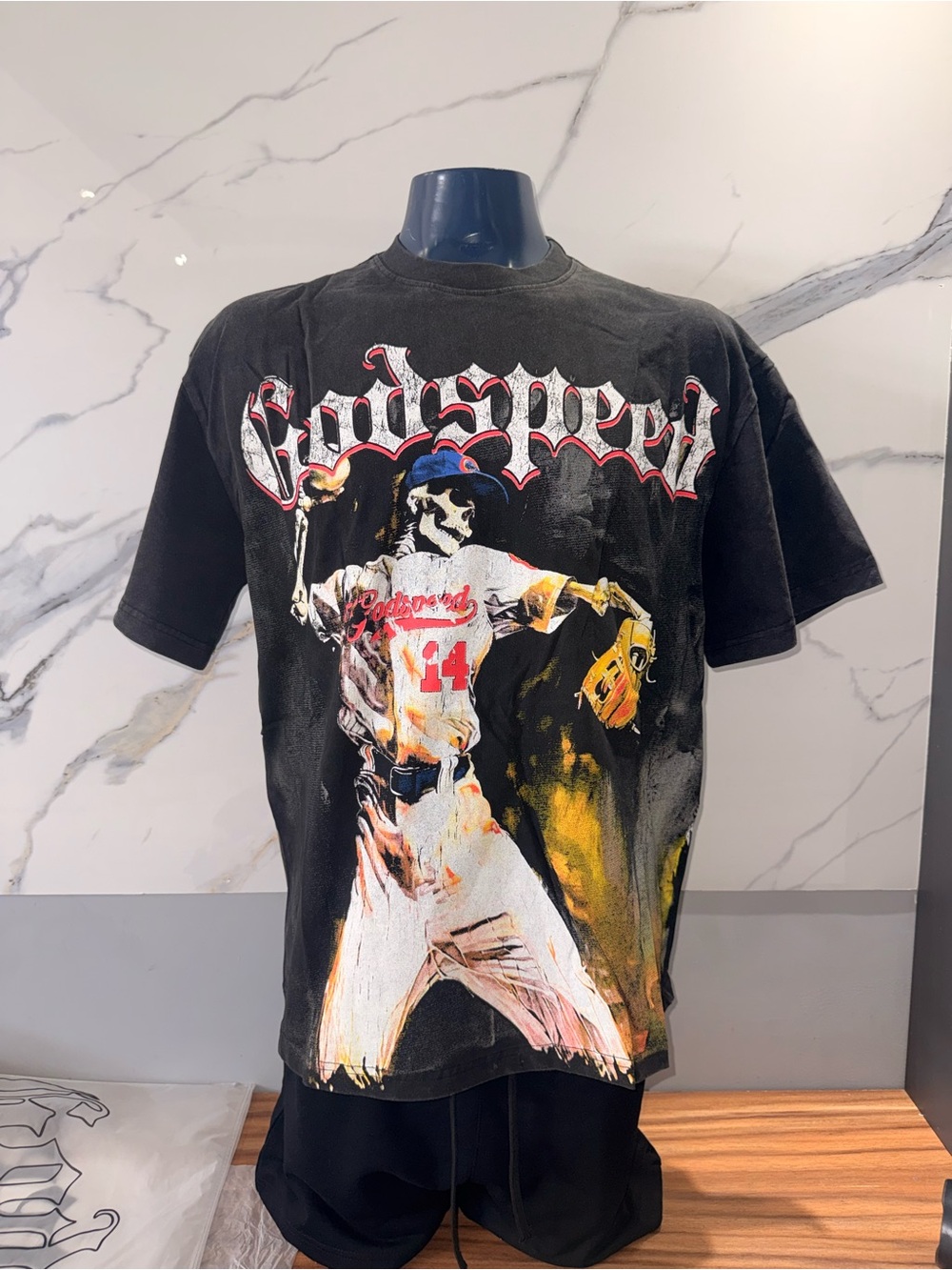 Godspeed Black Graphic Baseball Tee with Red Accents